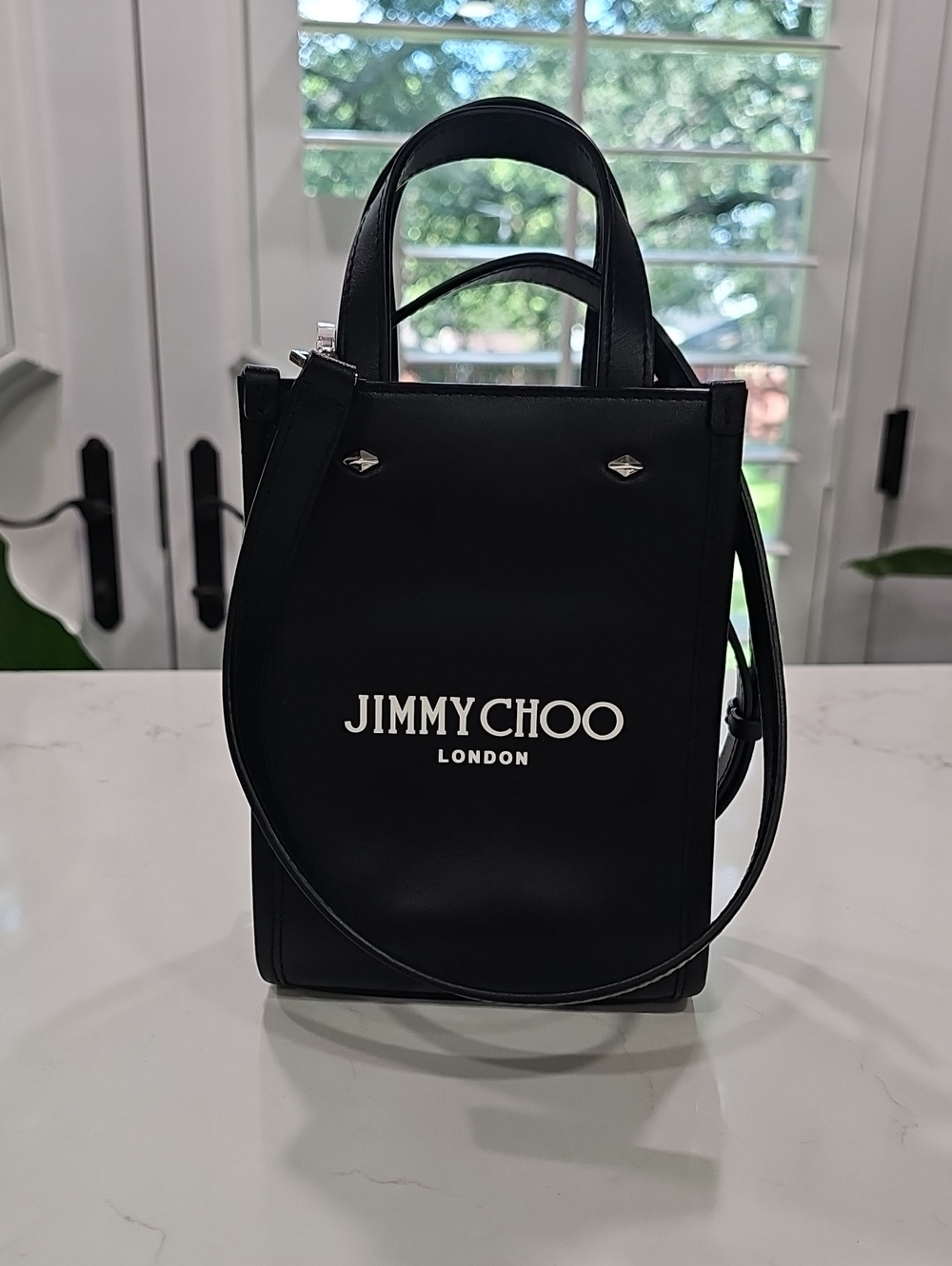 Jimmy Choo Black Leather Mini Tote, Canvas Lining, Detachable Shoulder Strap